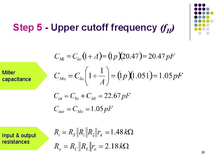 Step 5 - Upper cutoff frequency (f. H) Miller capacitance Input & output resistances Step 5 - Upper cutoff frequency (f. H) Miller capacitance Input & output resistances