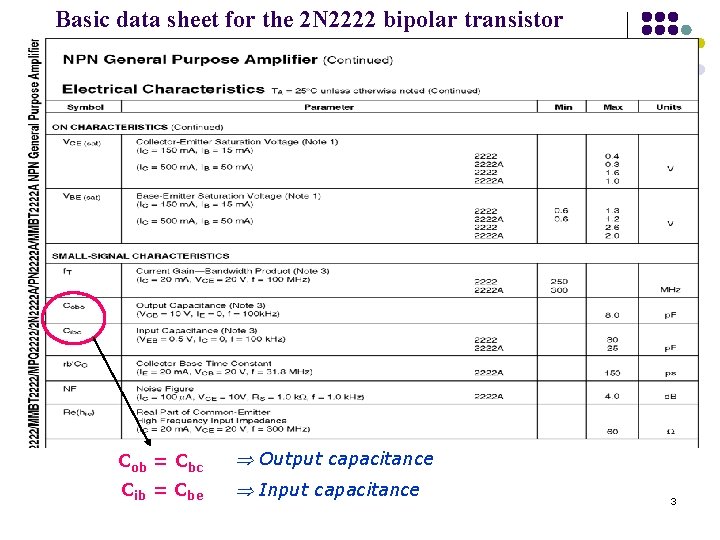 Basic data sheet for the 2 N 2222 bipolar transistor Cob = Cbc Output Basic data sheet for the 2 N 2222 bipolar transistor Cob = Cbc Output