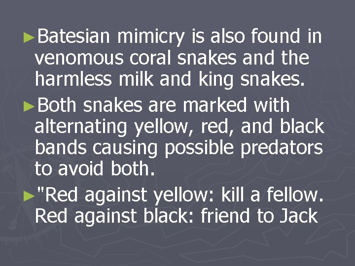 ►Batesian mimicry is also found in venomous coral snakes and the harmless milk and