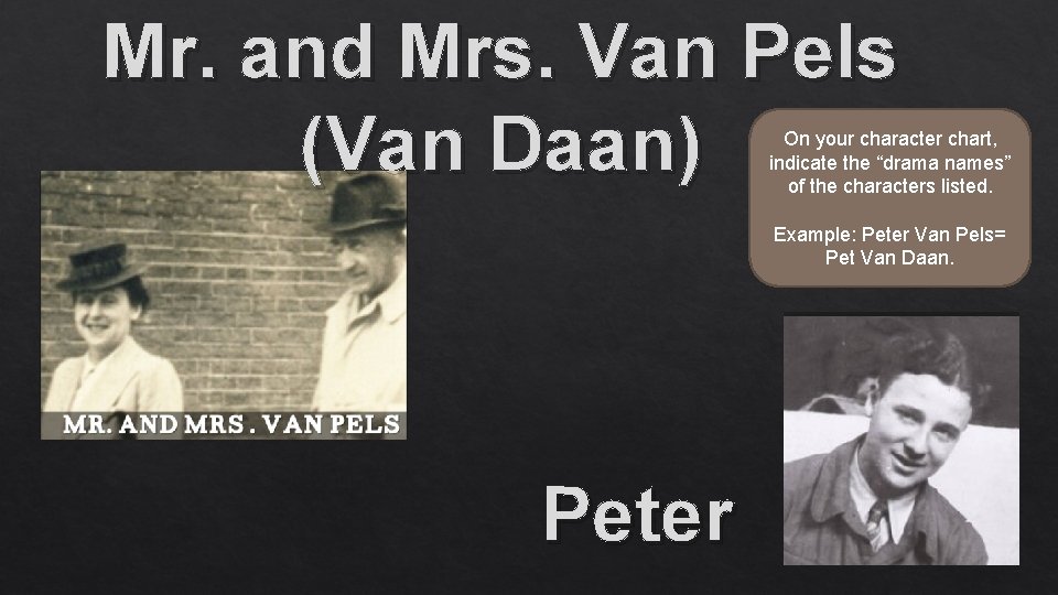 Mr. and Mrs. Van Pels (Van Daan) On your character chart, indicate the “drama