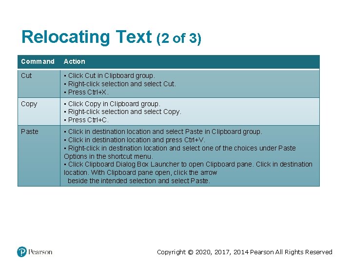 Relocating Text (2 of 3) Command Action Cut • Click Cut in Clipboard group. Relocating Text (2 of 3) Command Action Cut • Click Cut in Clipboard group.