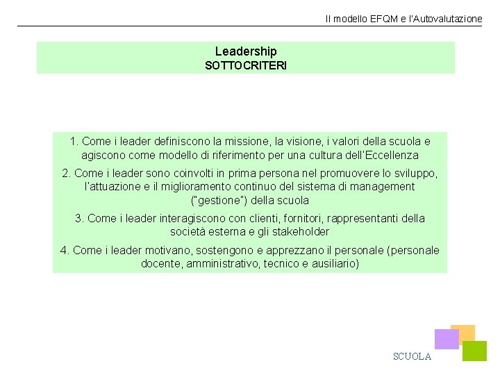 Il modello EFQM e l’Autovalutazione Leadership SOTTOCRITERI 1. Come i leader definiscono la missione,