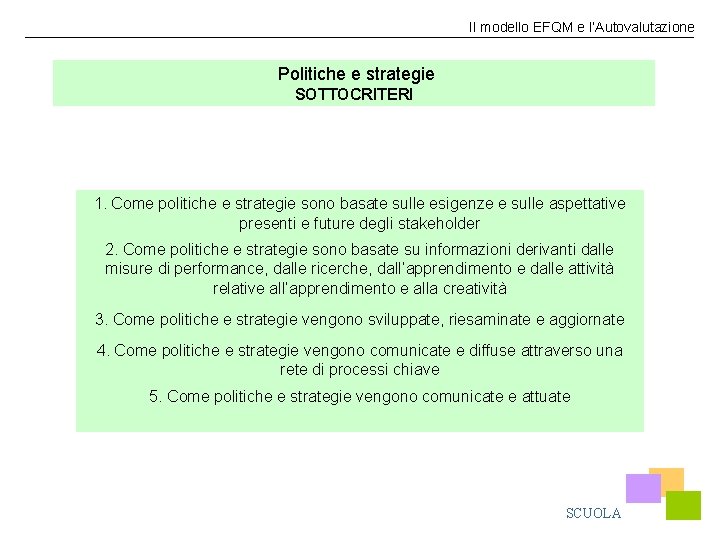 Il modello EFQM e l’Autovalutazione Politiche e strategie SOTTOCRITERI 1. Come politiche e strategie