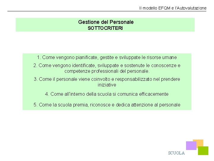 Il modello EFQM e l’Autovalutazione Gestione del Personale SOTTOCRITERI 1. Come vengono pianificate, gestite