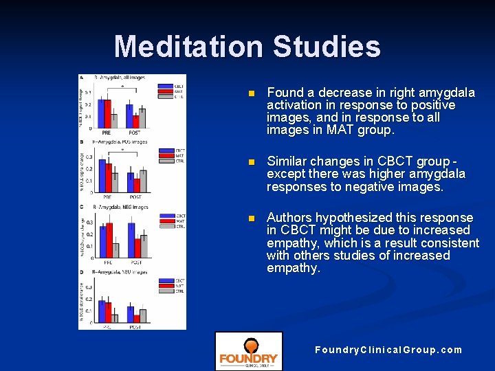 Meditation Studies n Found a decrease in right amygdala activation in response to positive