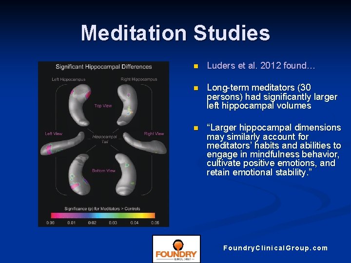 Meditation Studies n Luders et al. 2012 found… n Long-term meditators (30 persons) had