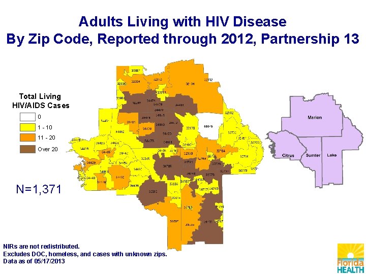 Adults Living with HIV Disease By Zip Code, Reported through 2012, Partnership 13 Total