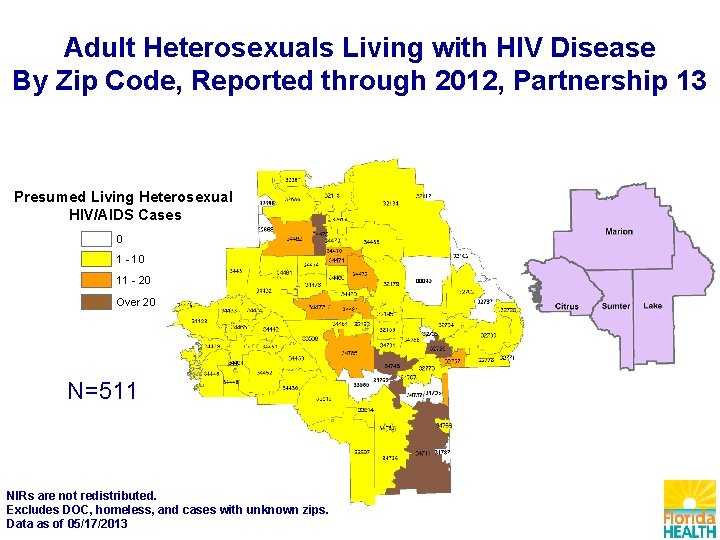 Adult Heterosexuals Living with HIV Disease By Zip Code, Reported through 2012, Partnership 13
