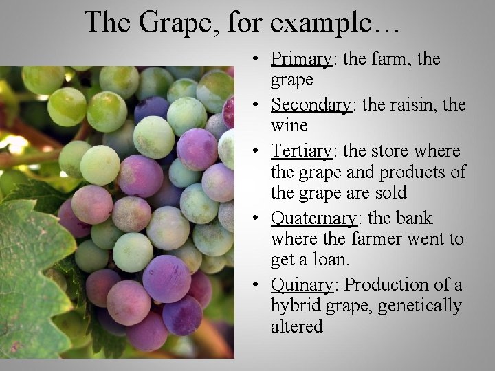 The Grape, for example… • Primary: the farm, the grape • Secondary: the raisin,