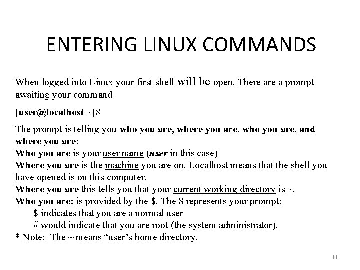 ENTERING LINUX COMMANDS When logged into Linux your first shell awaiting your command will