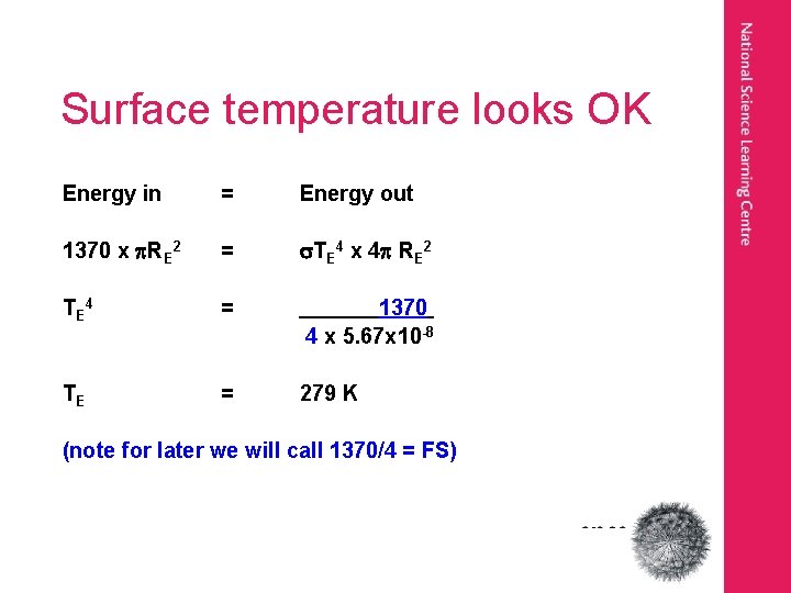 Surface temperature looks OK Energy in = Energy out 1370 x RE 2 =