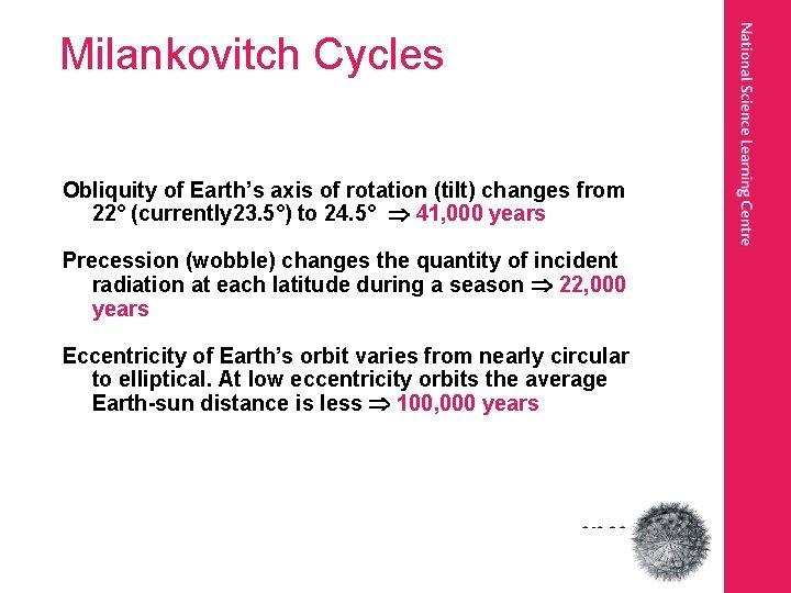 Milankovitch Cycles Obliquity of Earth’s axis of rotation (tilt) changes from 22° (currently 23.