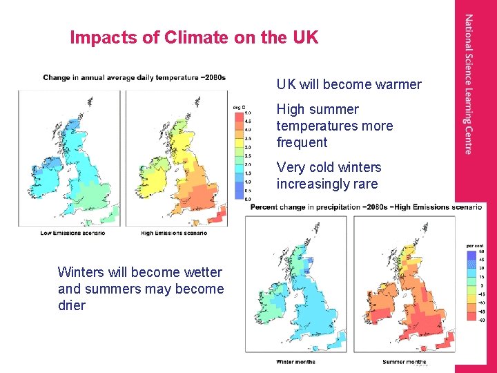 Impacts of Climate on the UK UK will become warmer High summer temperatures more