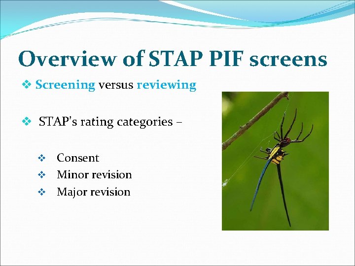 Overview of STAP PIF screens v Screening versus reviewing v STAP’s rating categories –