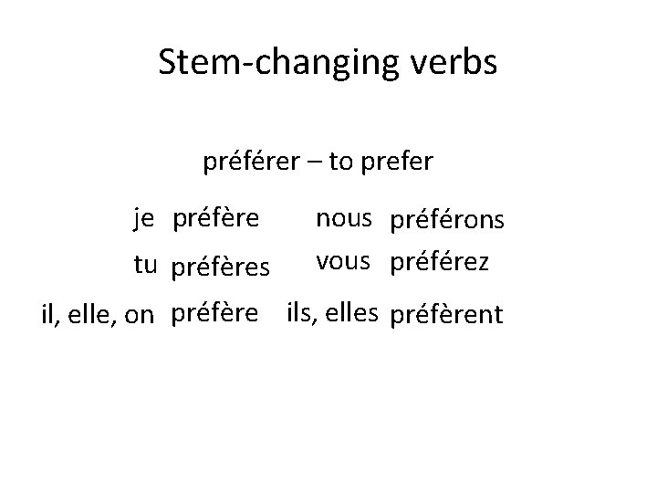 Stem-changing verbs préférer – to prefer je préfère tu préfères nous préférons vous préférez