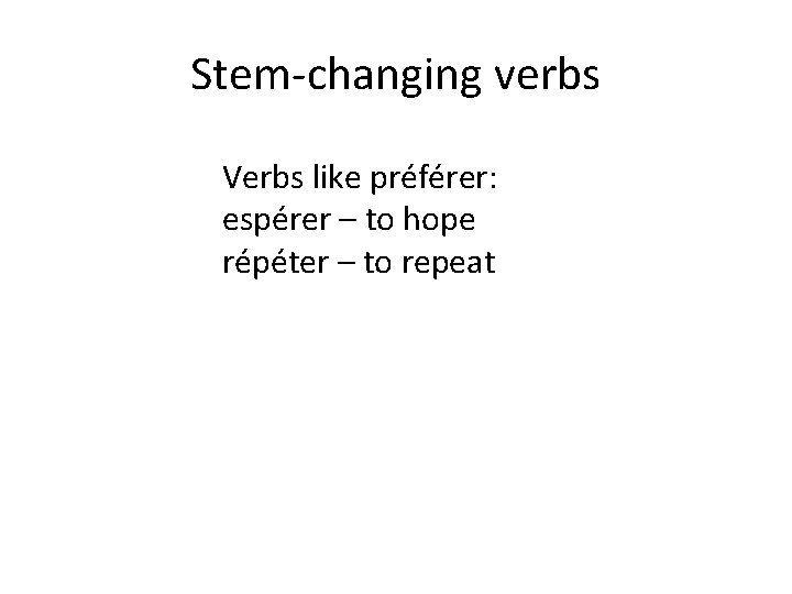 Stem-changing verbs Verbs like préférer: espérer – to hope répéter – to repeat 