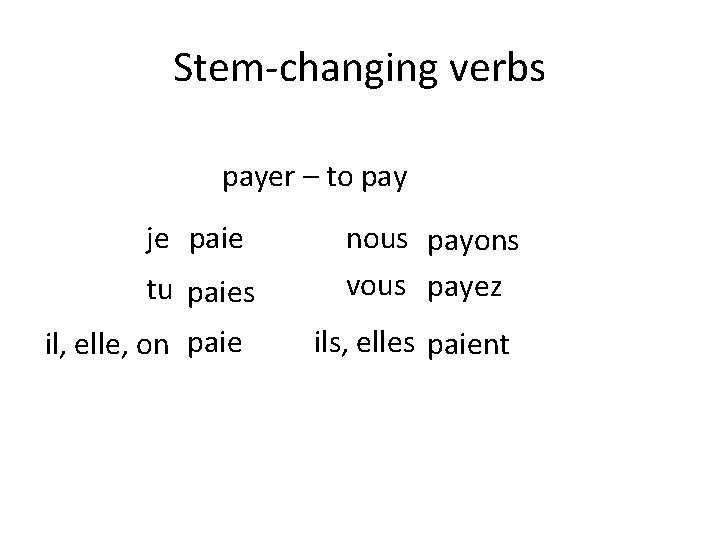 Stem-changing verbs payer – to pay je paie tu paies il, elle, on paie