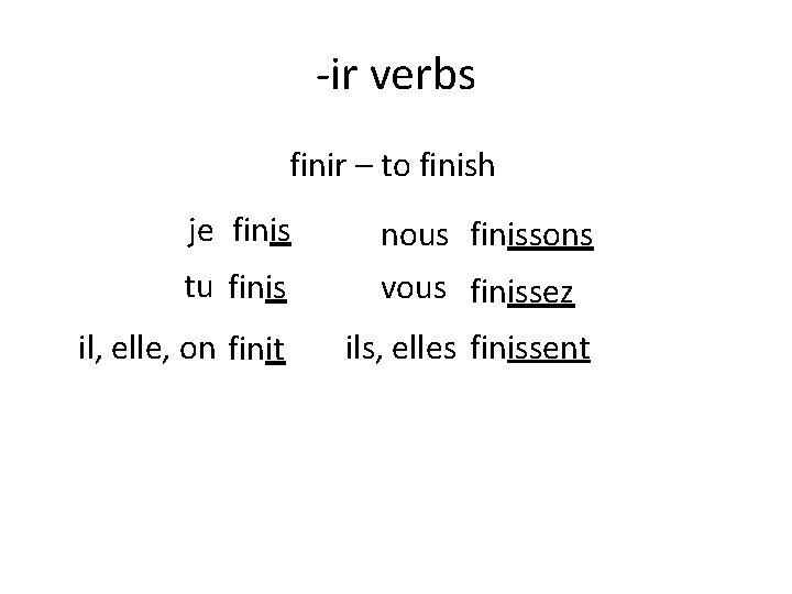 -ir verbs finir – to finish je finis tu finis nous finissons vous finissez