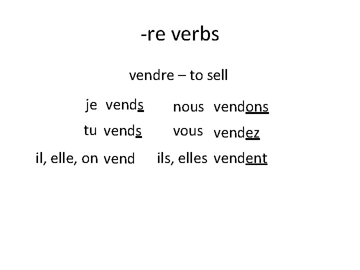 -re verbs vendre – to sell je vends tu vends il, elle, on vend