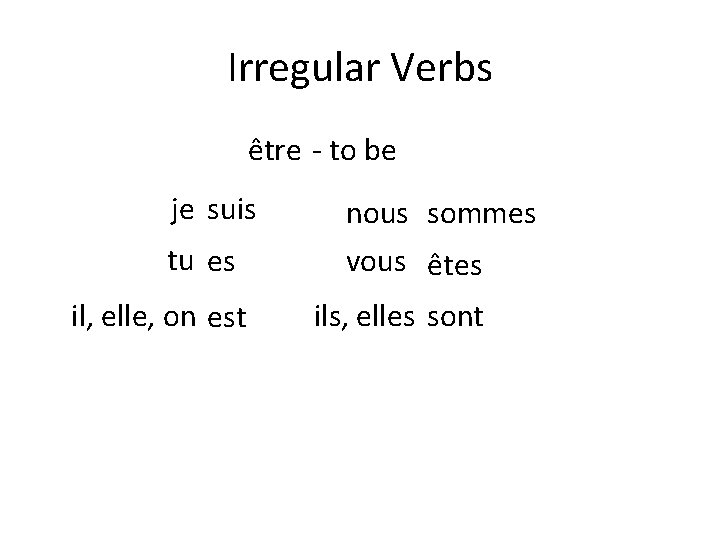 Irregular Verbs être - to be je suis tu es il, elle, on est