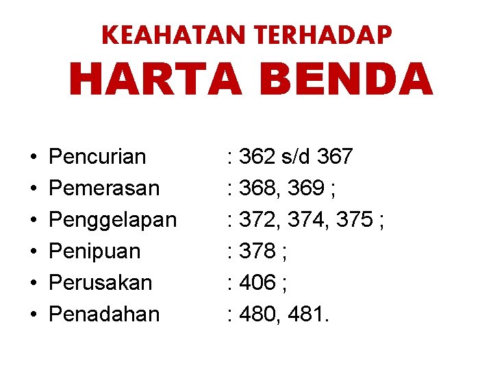 KEAHATAN TERHADAP HARTA BENDA • • • Pencurian Pemerasan Penggelapan Penipuan Perusakan Penadahan :