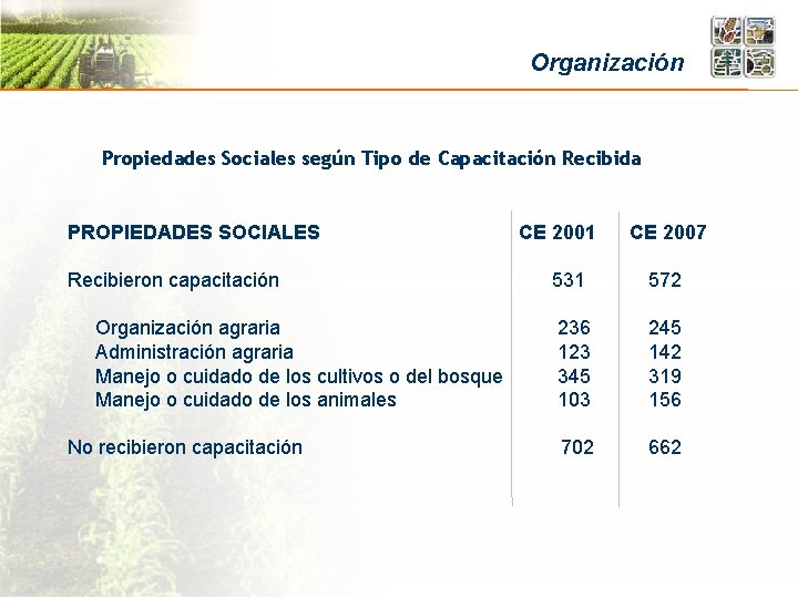 Organización Propiedades Sociales según Tipo de Capacitación Recibida PROPIEDADES SOCIALES Recibieron capacitación Organización agraria