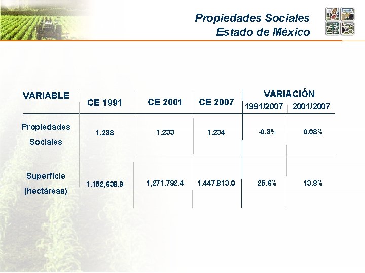 Propiedades Sociales Estado de México VARIABLE Propiedades VARIACIÓN CE 1991 CE 2007 1, 238