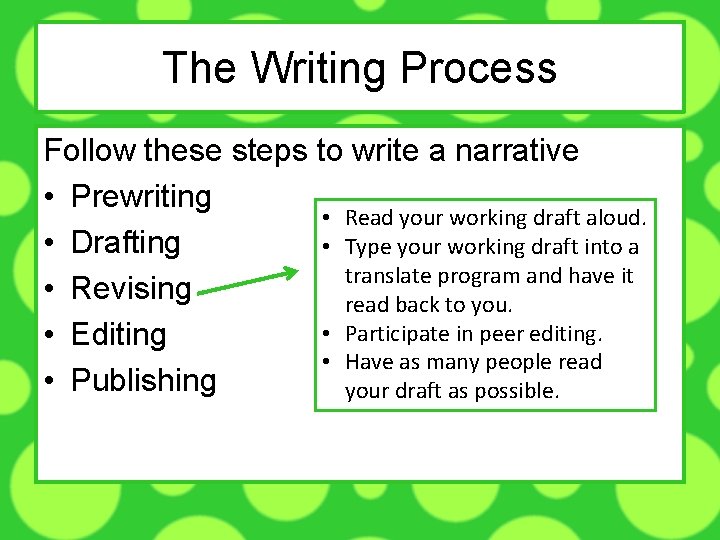 The Writing Process Follow these steps to write a narrative • Prewriting • Read