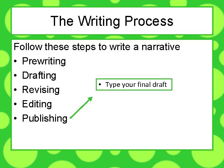 The Writing Process Follow these steps to write a narrative • Prewriting • Drafting