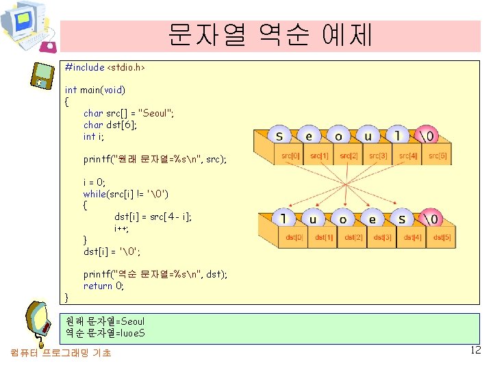 문자열 역순 예제 #include <stdio. h> int main(void) { char src[] = "Seoul"; char