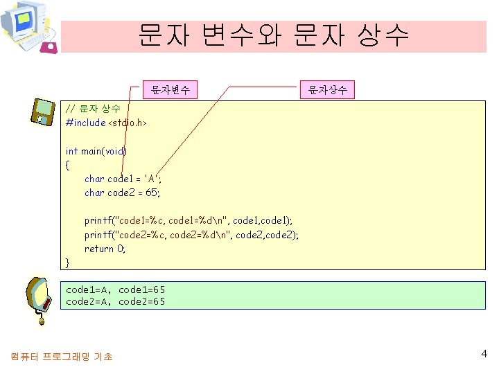 문자 변수와 문자 상수 문자변수 문자상수 // 문자 상수 #include <stdio. h> int main(void)