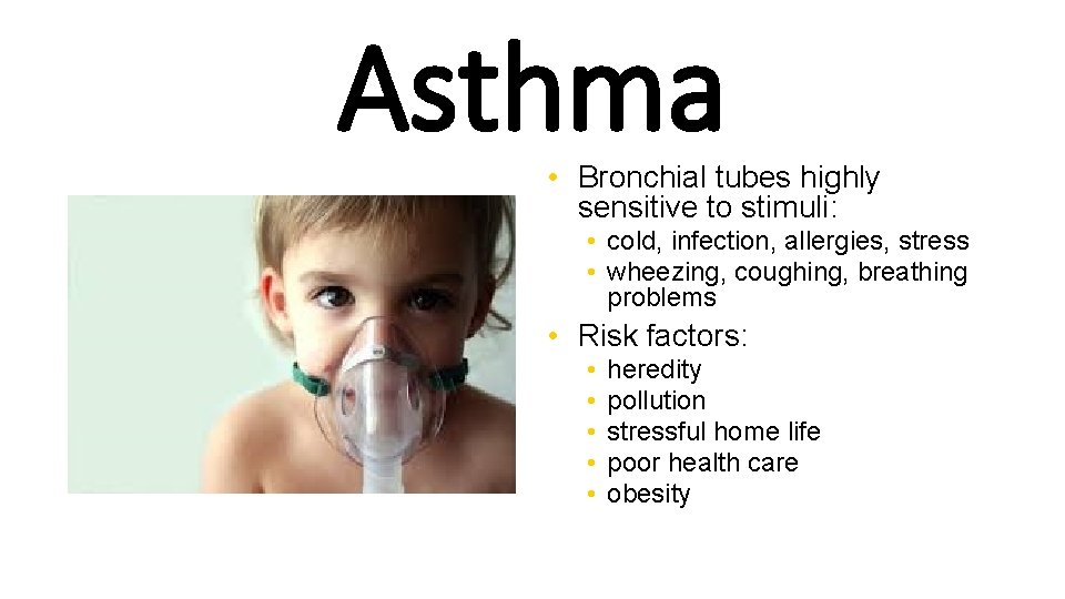 Asthma • Bronchial tubes highly sensitive to stimuli: • cold, infection, allergies, stress •