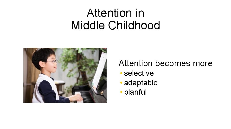 Attention in Middle Childhood Attention becomes more • selective • adaptable • planful 
