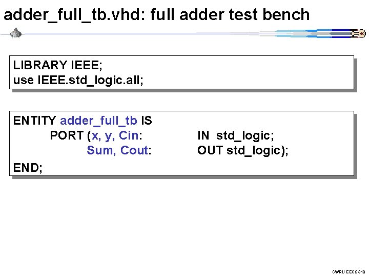 adder_full_tb. vhd: full adder test bench LIBRARY IEEE; use IEEE. std_logic. all; ENTITY adder_full_tb