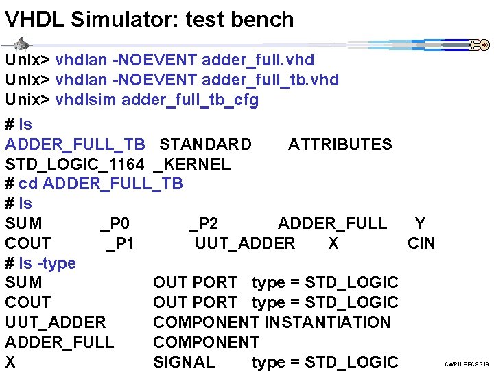 VHDL Simulator: test bench Unix> vhdlan -NOEVENT adder_full. vhd Unix> vhdlan -NOEVENT adder_full_tb. vhd