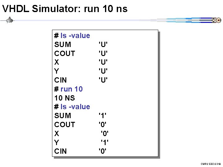 VHDL Simulator: run 10 ns # ls -value SUM COUT X Y CIN #