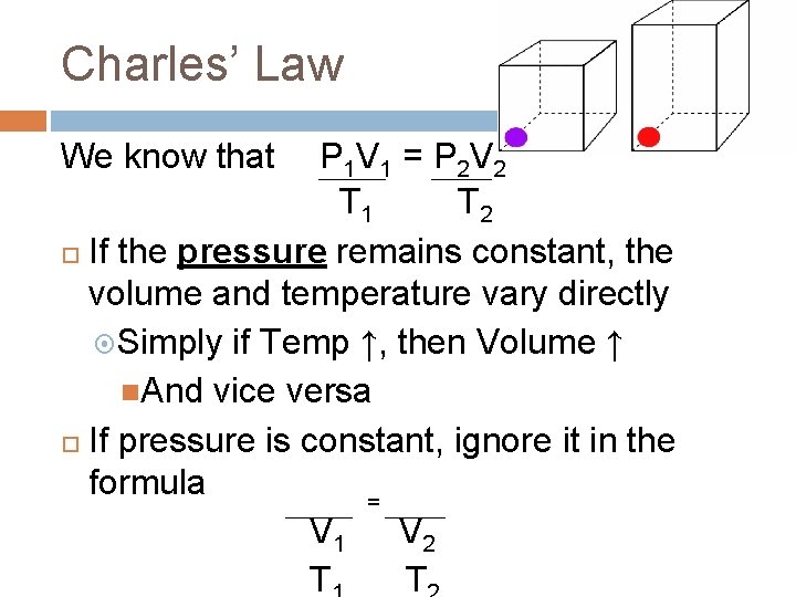 Charles’ Law We know that P 1 V 1 = P 2 V 2