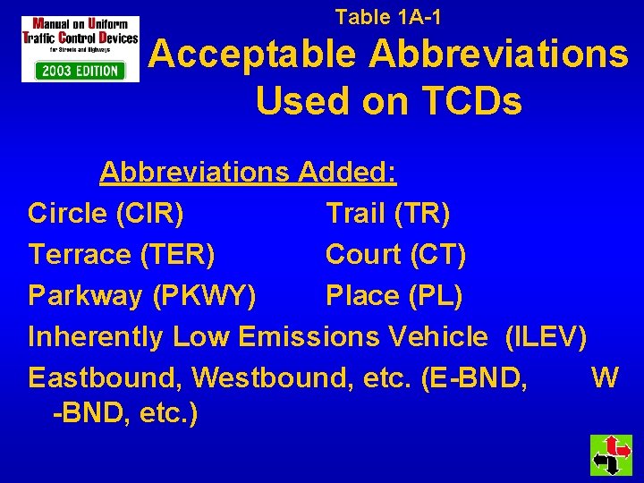 Table 1 A-1 Acceptable Abbreviations Used on TCDs Abbreviations Added: Circle (CIR) Trail (TR)