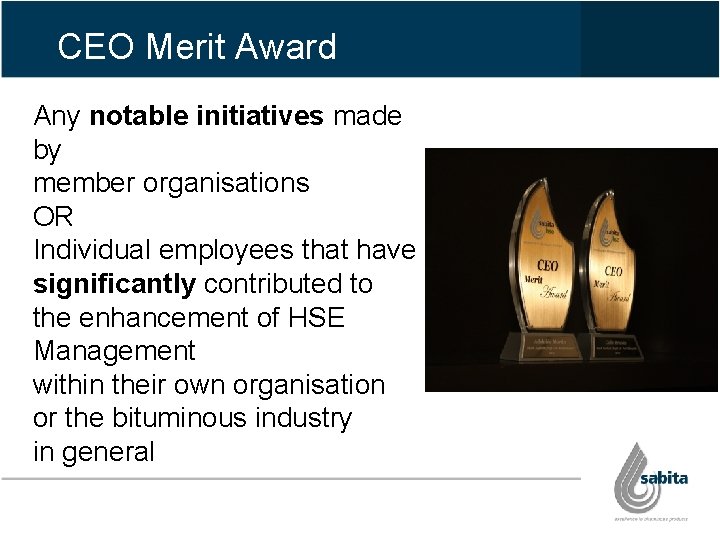CEO Merit Award Any notable initiatives made by member organisations OR Individual employees that CEO Merit Award Any notable initiatives made by member organisations OR Individual employees that
