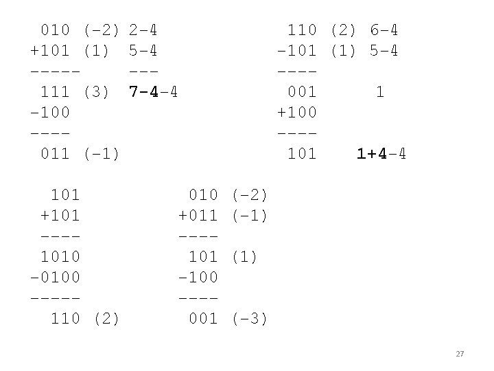 010 (-2) +101 (1) ----111 (3) -100 ---011 (-1) 101 +101 ---1010 -0100 ----110