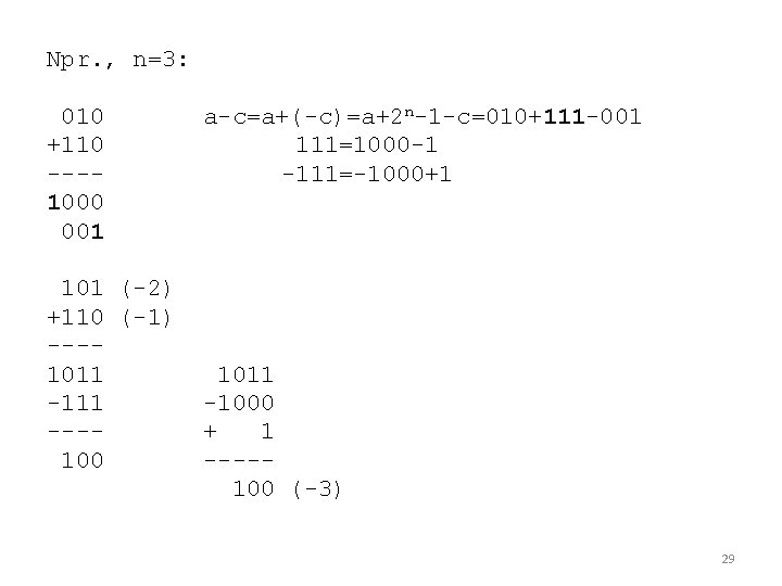 Npr. , n=3: 010 +110 ---1000 001 101 (-2) +110 (-1) ---1011 -111 ---100