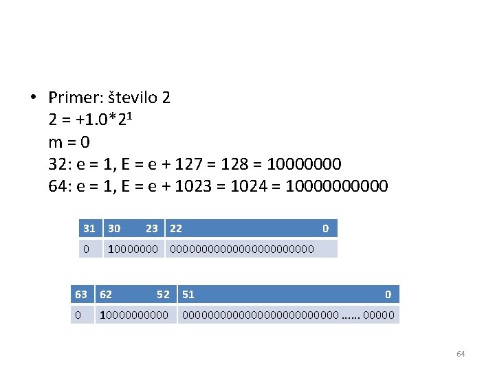  • Primer: število 2 2 = +1. 0*21 m=0 32: e = 1,