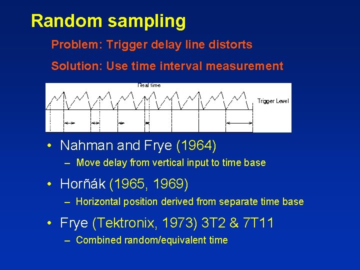 Random sampling Problem: Trigger delay line distorts Solution: Use time interval measurement • Nahman