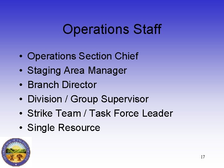 Operations Staff • • • Operations Section Chief Staging Area Manager Branch Director Division