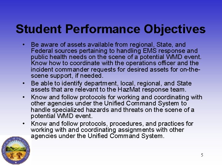 Student Performance Objectives • Be aware of assets available from regional, State, and Federal