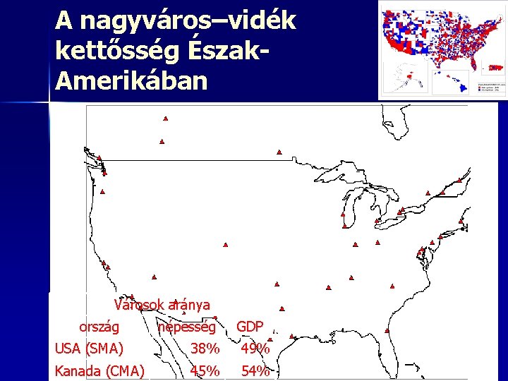 A nagyváros–vidék kettősség Észak. Amerikában Városok aránya ország népesség GDP USA (SMA) 38% 49%