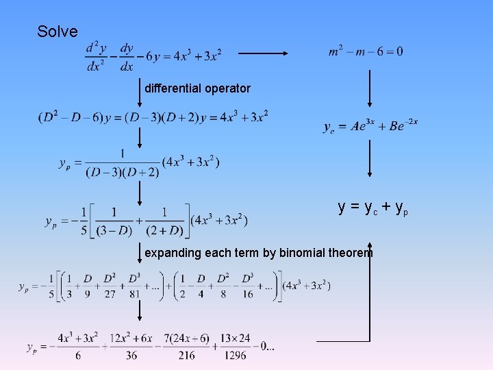 Solve differential operator y = y c + yp expanding each term by binomial