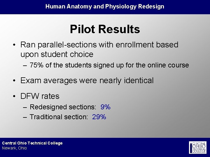 Human Anatomy and Physiology Redesign Pilot Results • Ran parallel-sections with enrollment based upon