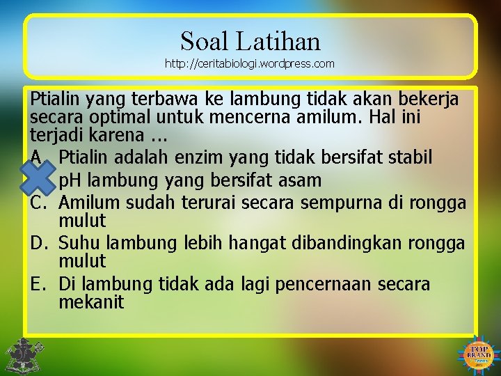 Soal Latihan http: //ceritabiologi. wordpress. com Ptialin yang terbawa ke lambung tidak akan bekerja