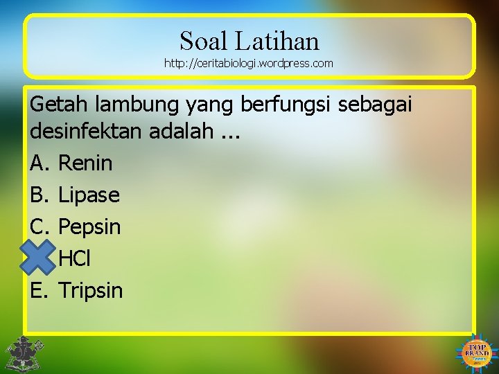 Soal Latihan http: //ceritabiologi. wordpress. com Getah lambung yang berfungsi sebagai desinfektan adalah. .